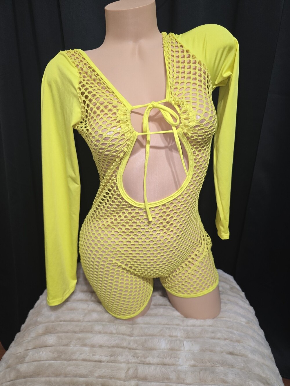 Neon Yellow Fishnet Tie-Front Romper